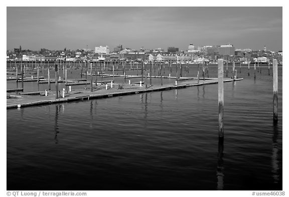 Harbor decks and Portland skyline. Portland, Maine, USA (black and white)
