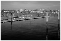Harbor decks and Portland skyline. Portland, Maine, USA ( black and white)