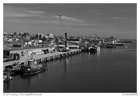 Shipping harbor with tugboats and crane. Portland, Maine, USA (black and white)