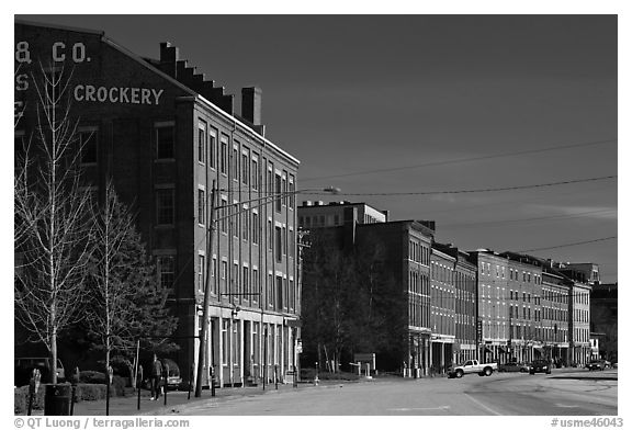 Historic brick buildings near waterfront. Portland, Maine, USA (black and white)