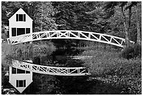 White wooden house and bridge, Somesville. Maine, USA (black and white)