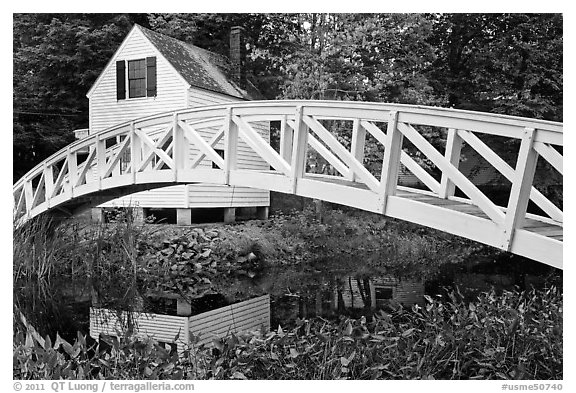 Arched bridge over mill pond. Maine, USA (black and white)