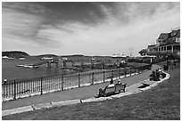 Shore path and harbor. Bar Harbor, Maine, USA (black and white)