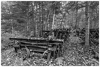 Rusting railway equipment in the woods. Allagash Wilderness Waterway, Maine, USA (black and white)