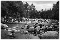 Wassatotaquoik Stream flowing past boulders. Katahdin Woods and Waters National Monument, Maine, USA ( black and white)