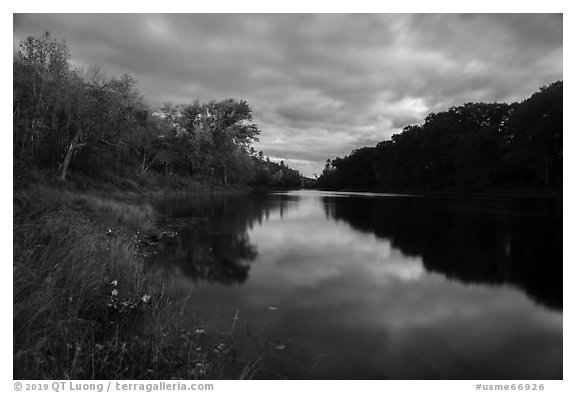 East Branch Penobscot River from Lunksoos Camp, moonlight. Katahdin Woods and Waters National Monument, Maine, USA (black and white)