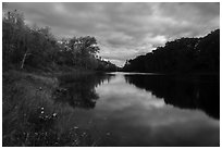 East Branch Penobscot River from Lunksoos Camp, moonlight. Katahdin Woods and Waters National Monument, Maine, USA ( black and white)