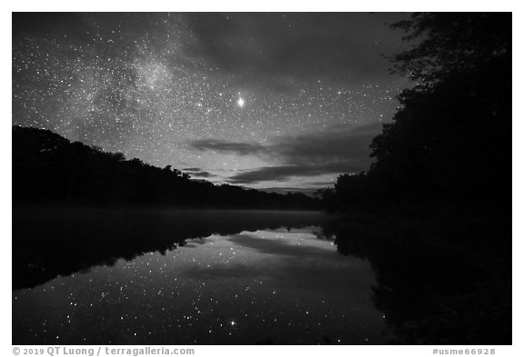 East Branch Penobscot River from Lunksoos Camp with stars. Katahdin Woods and Waters National Monument, Maine, USA (black and white)