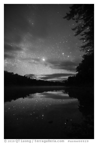 East Branch Penobscot River from Lunksoos Camp with stary sky. Katahdin Woods and Waters National Monument, Maine, USA (black and white)