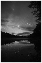 East Branch Penobscot River from Lunksoos Camp with stary sky. Katahdin Woods and Waters National Monument, Maine, USA ( black and white)