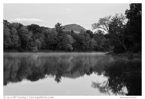 Desey Mountain reflected in East Branch Penobscot River. Katahdin Woods and Waters National Monument, Maine, USA (black and white)