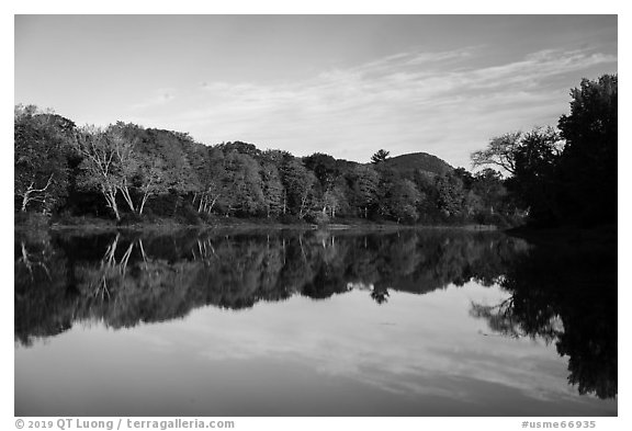 Morning reflections of trees in autumn foliage and mountain, Branch Penobscot River. Katahdin Woods and Waters National Monument, Maine, USA (black and white)