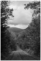 Road and mountain in autumn. Katahdin Woods and Waters National Monument, Maine, USA ( black and white)