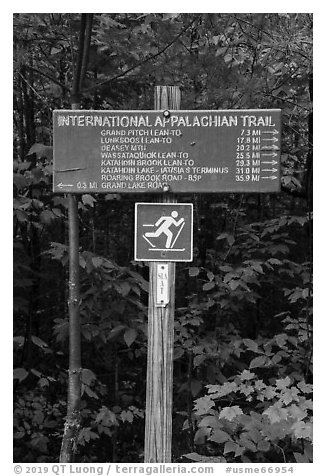International Appalachian Trail sign. Katahdin Woods and Waters National Monument, Maine, USA (black and white)