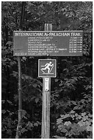 International Appalachian Trail sign. Katahdin Woods and Waters National Monument, Maine, USA ( black and white)