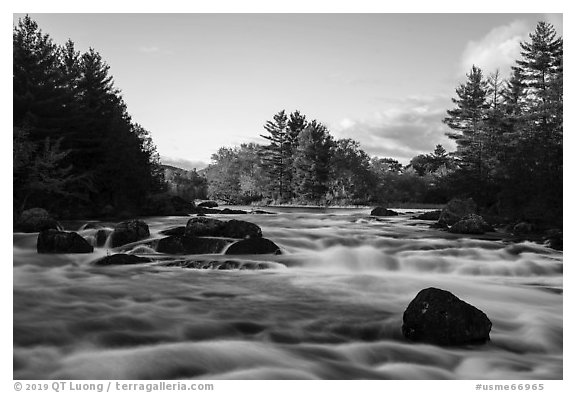 Haskell Rock Pitch and trees in autumn foliage, East Branch Penobscot River. Katahdin Woods and Waters National Monument, Maine, USA (black and white)