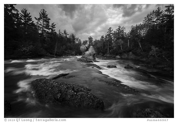East Branch Penobscot River rapids and Haskell Rock. Katahdin Woods and Waters National Monument, Maine, USA (black and white)