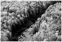 River and trees in autumn colors, Porcupine Mountains State Park. Upper Michigan Peninsula, USA (black and white)