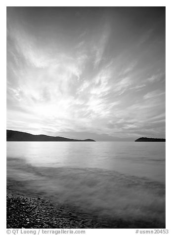 Clouds, surf, and islands near Grand Portage, sunrise. USA (black and white)