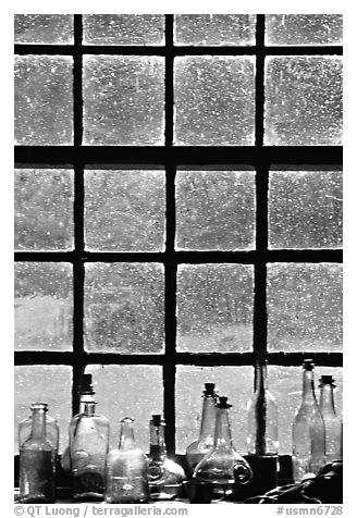 Window in the Kitchen building, Grand Portage National Monument. Minnesota, USA (black and white)