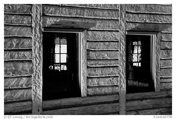 Windows in Great Hall, Grand Portage National Monument. Minnesota, USA (black and white)