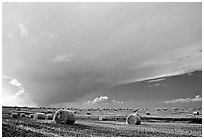 Storm cloud and hay rolls. North Dakota, USA (black and white)