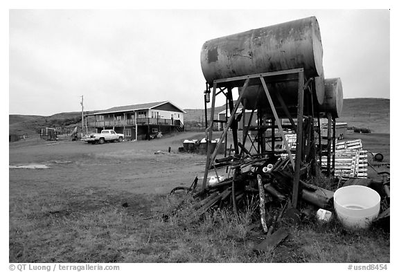 Water citern and ranch. North Dakota, USA (black and white)