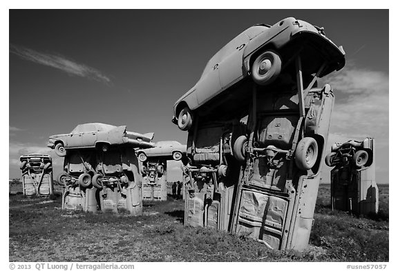 Standing trilithons, Carhenge. Alliance, Nebraska, USA (black and white)