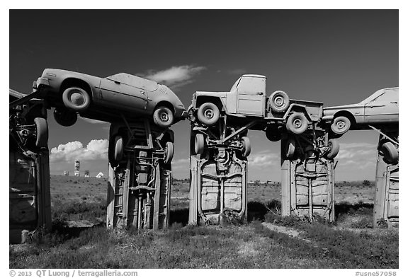Arches formed by welded cars, Carhenge. Alliance, Nebraska, USA (black and white)