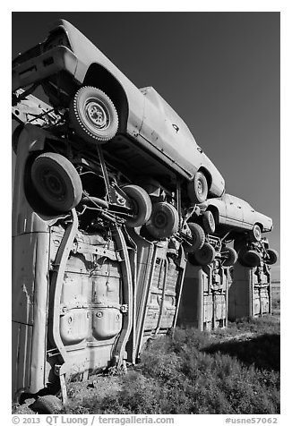 Carhenge Artwork made of scrapped cars. Alliance, Nebraska, USA (black and white)