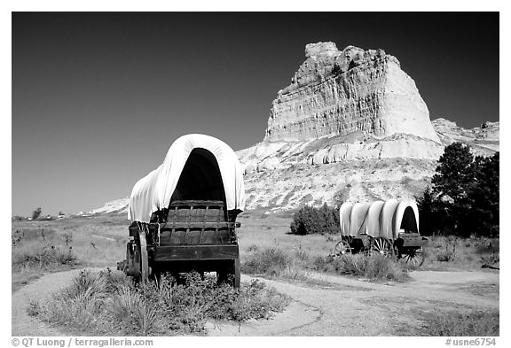 Old wagons and bluff. Scotts Bluff National Monument. South Dakota, USA