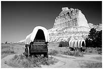 Old wagons and bluff. Scotts Bluff National Monument. Nebraska, USA ( black and white)