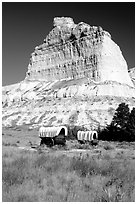 Old wagons and bluff. Scotts Bluff National Monument. South Dakota, USA (black and white)