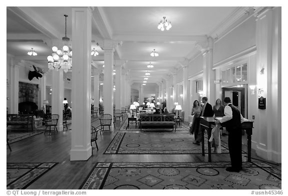Guests entering Mount Washington hotel, Bretton Woods. New Hampshire, USA (black and white)