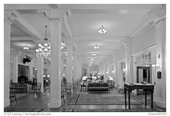 Hotel Lobby, Omni Mount Washington resort, Bretton Woods. New Hampshire, USA (black and white)