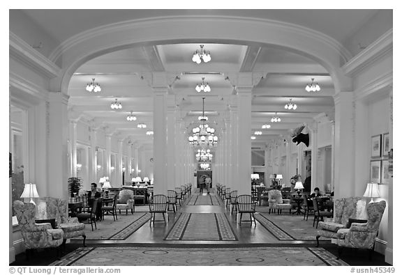 Lobby at nigth, Omni Mount Washington hotel, Bretton Woods. New Hampshire, USA (black and white)