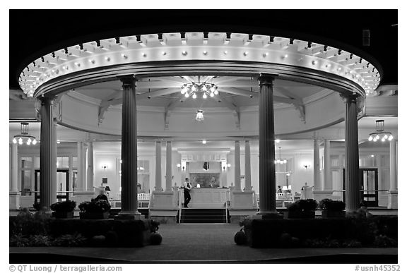 Entrance at night, Mount Washington resort, Bretton Woods. New Hampshire, USA (black and white)
