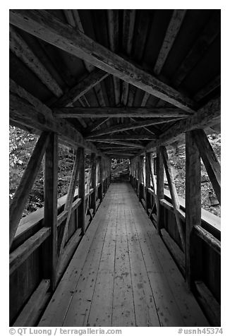 Inside Sentinel Pine covered bridge, Franconia Notch State Park. New Hampshire, USA (black and white)