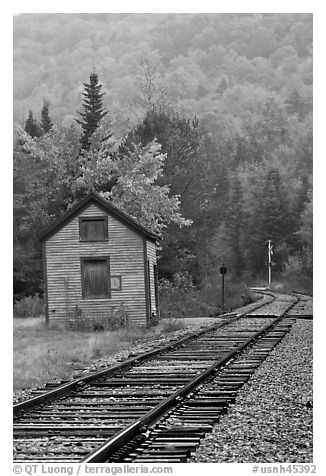 Railroad tracks and shack in autumn, White Mountain National Forest. New Hampshire, USA