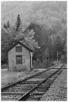 Railroad tracks and shack in autumn, White Mountain National Forest. New Hampshire, USA (black and white)