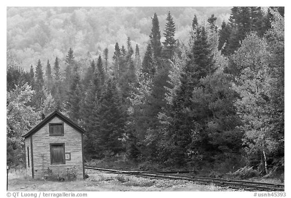 Shack and railway tracks in the fall, White Mountain National Forest. New Hampshire, USA (black and white)