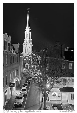 Street from above and church at night. Portsmouth, New Hampshire, USA (black and white)