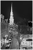 Street from above and church at night. Portsmouth, New Hampshire, USA (black and white)