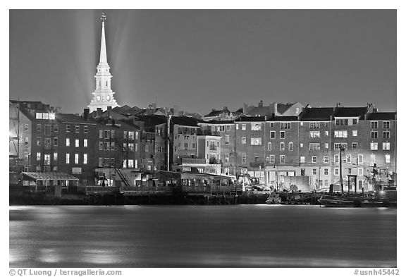 Waterfront and church by night. Portsmouth, New Hampshire, USA