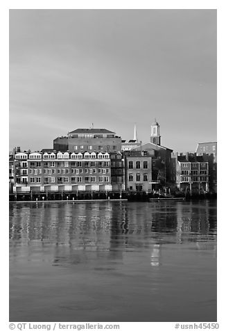 Brick downtown waterfront and church. Portsmouth, New Hampshire, USA (black and white)