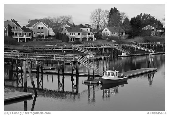 Houses and private boat decks. Portsmouth, New Hampshire, USA (black and white)