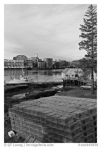 Lobster traps and city skyline. Portsmouth, New Hampshire, USA (black and white)