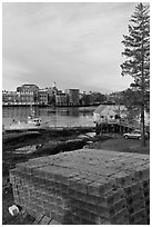 Lobster traps and city skyline. Portsmouth, New Hampshire, USA ( black and white)