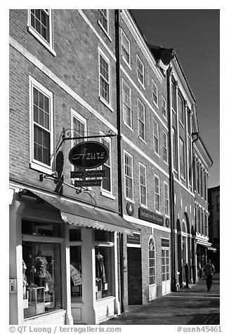 Brick buildings, market square. Portsmouth, New Hampshire, USA (black and white)