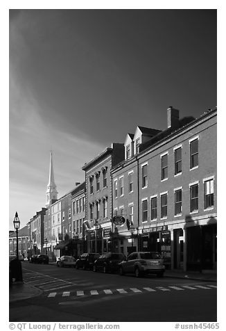 Brick buildings and church. Portsmouth, New Hampshire, USA